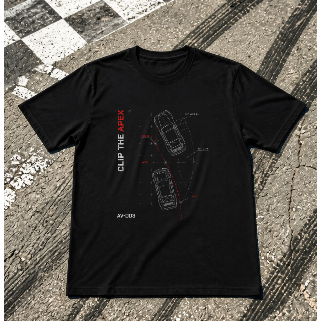 Black Apex Vector t-shirt with a Clip the Apex late-apex racing-line graphic
