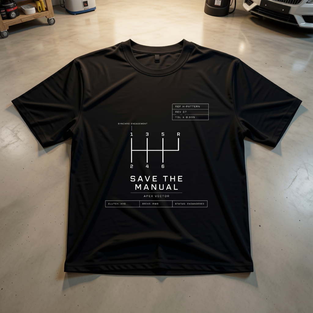 Black Apex Vector t-shirt with a Save the Manual gated shifter graphic